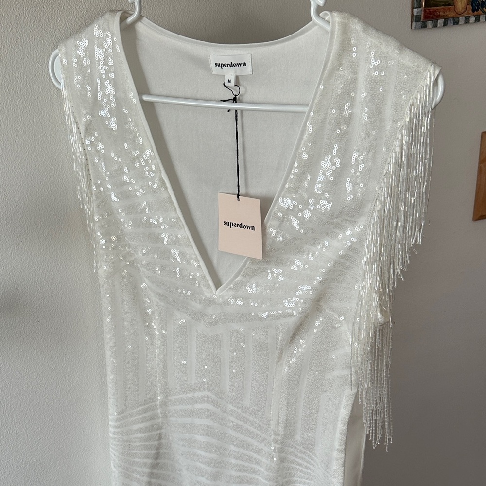 superdown White Sequin Fringe Mini Dress